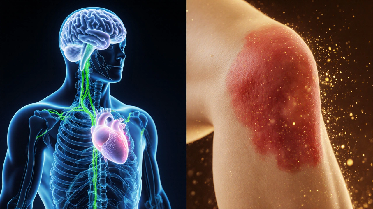 Abstrakte Darstellung von CBD-Wirkung: systemisch im Körper vs. lokal auf der Haut.