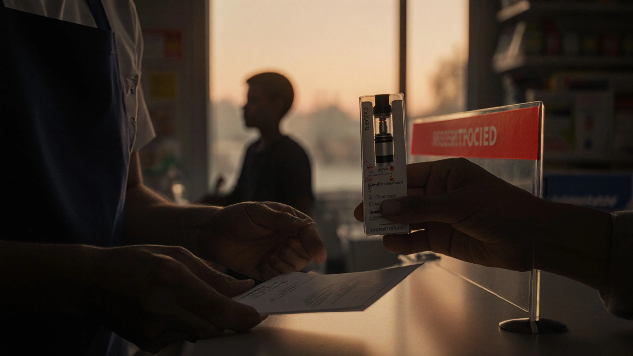 Apotheker gibt medizinisches Vape‑Liquid an Patienten mit Rezept, Kind wird durch Barriere vom Zugriff abgehalten.