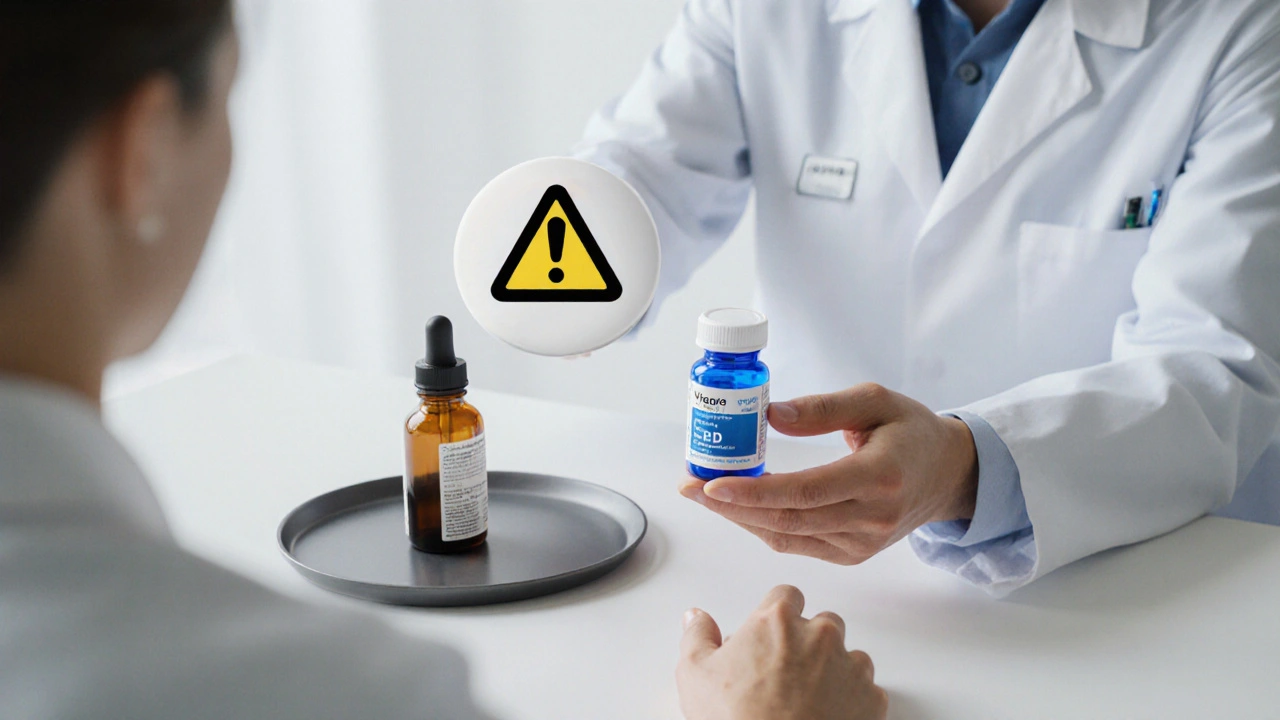 Arzt überreicht Viagra‑Fläschchen und CBD‑Öl, Hinweis auf Kombinationsrisiko.