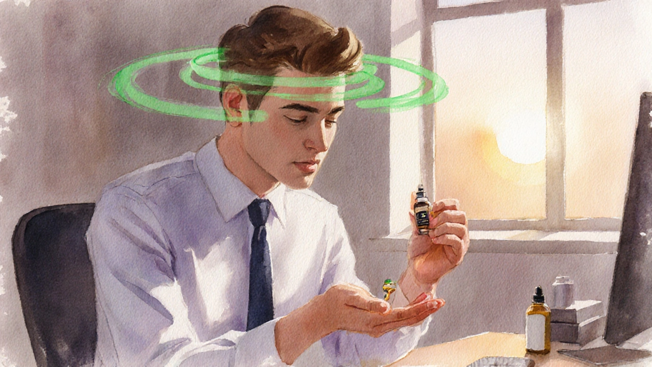 Gestresster Angestellter nimmt beruhigendes CBD‑Öl, entspannte Atmosphäre.