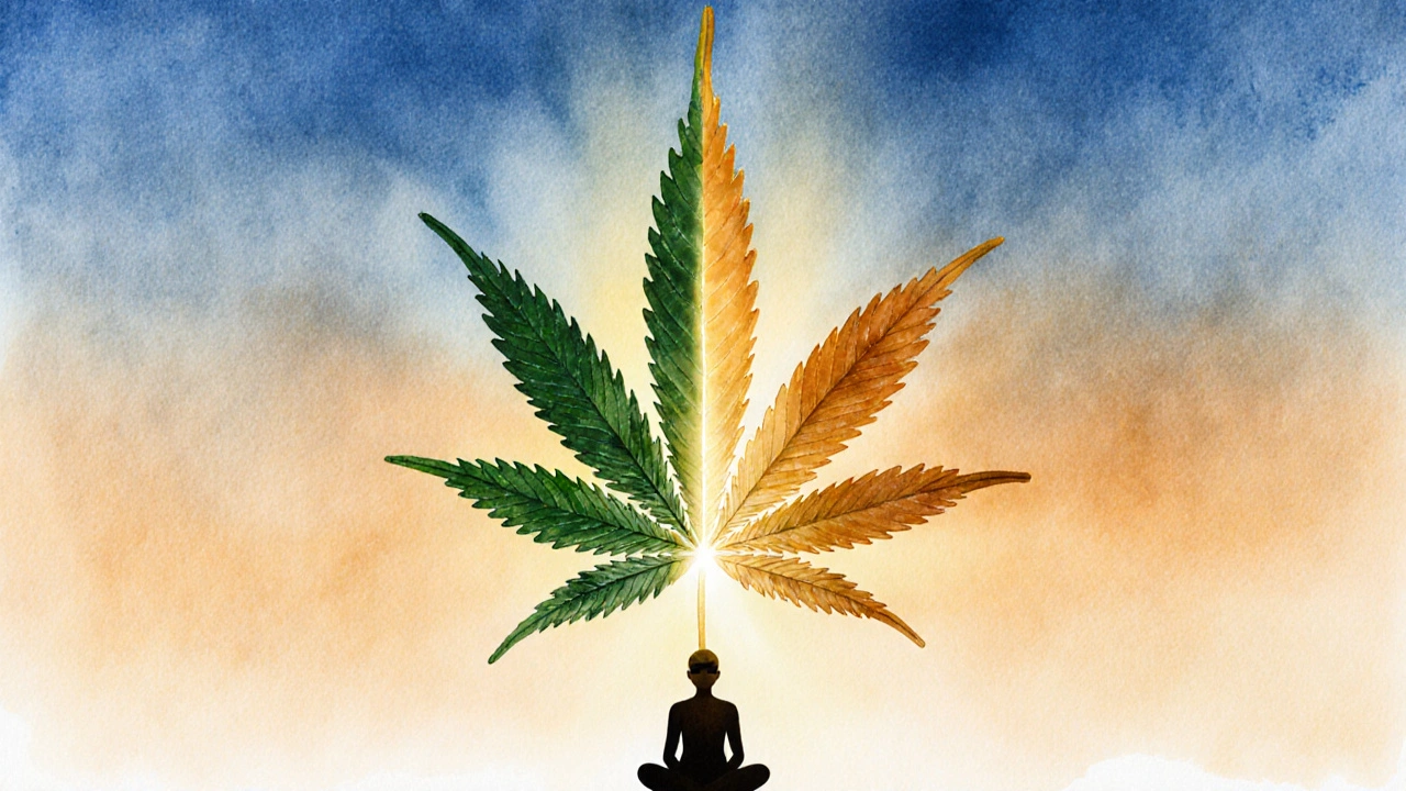 Hybrid‑Blatt, das Sativa‑ und Indica‑Merkmale vereint, umgeben von beruhigender Lichtstimmung.
