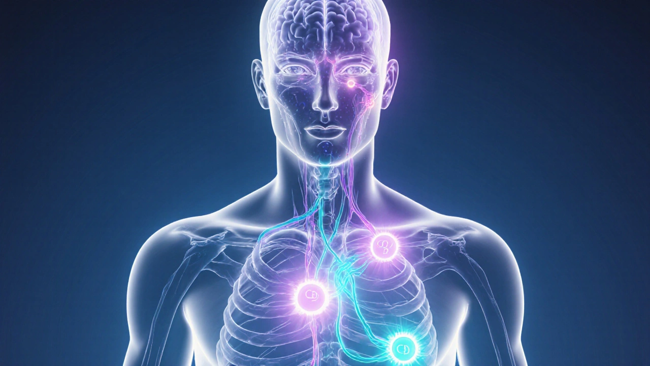 Illustration des Endocannabinoid‑Systems mit leuchtenden CB1‑ und CB2‑Rezeptoren.