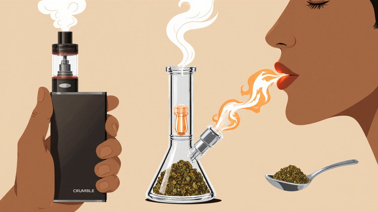 Illustration von Vaporizer, Dab‑Rig und sublingualer Anwendung von CBD‑Crumble.