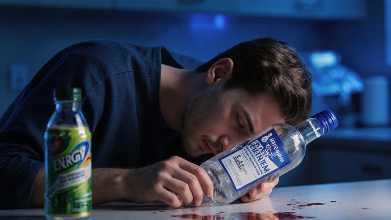 Junge Person bewusstlos an der Küchentheke, neben ihr eine leere Everclear-Flasche