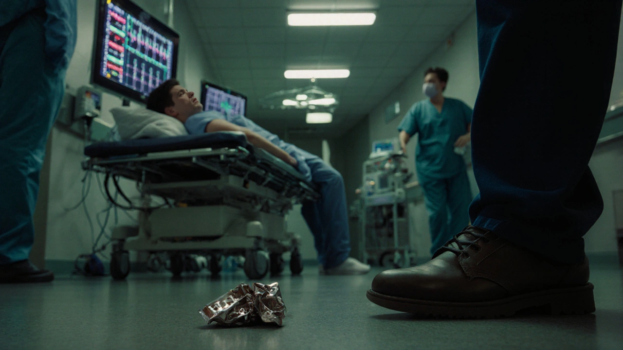 Junge Person im Krankenhaus mit Herzrhythmusstörung, neben ihr eine HHC-Schokoladenverpackung.