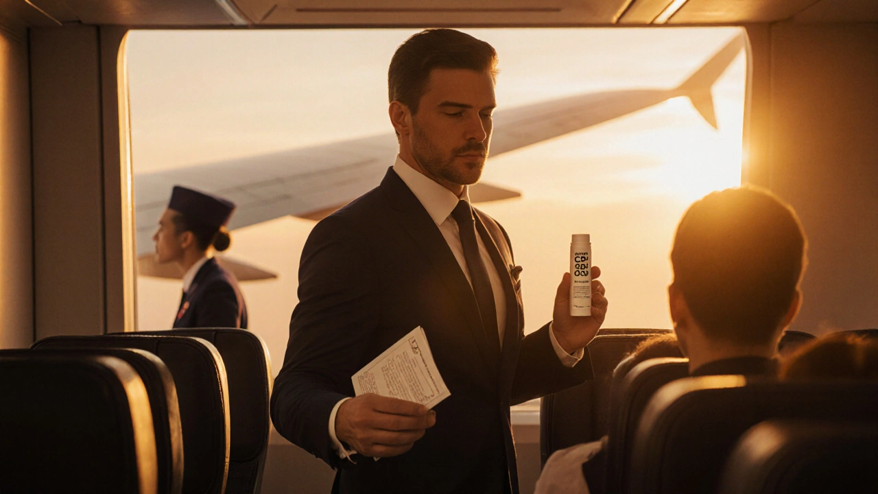 Passagier geht mit CBD‑Creme und Zertifikat durch das Flugzeug.