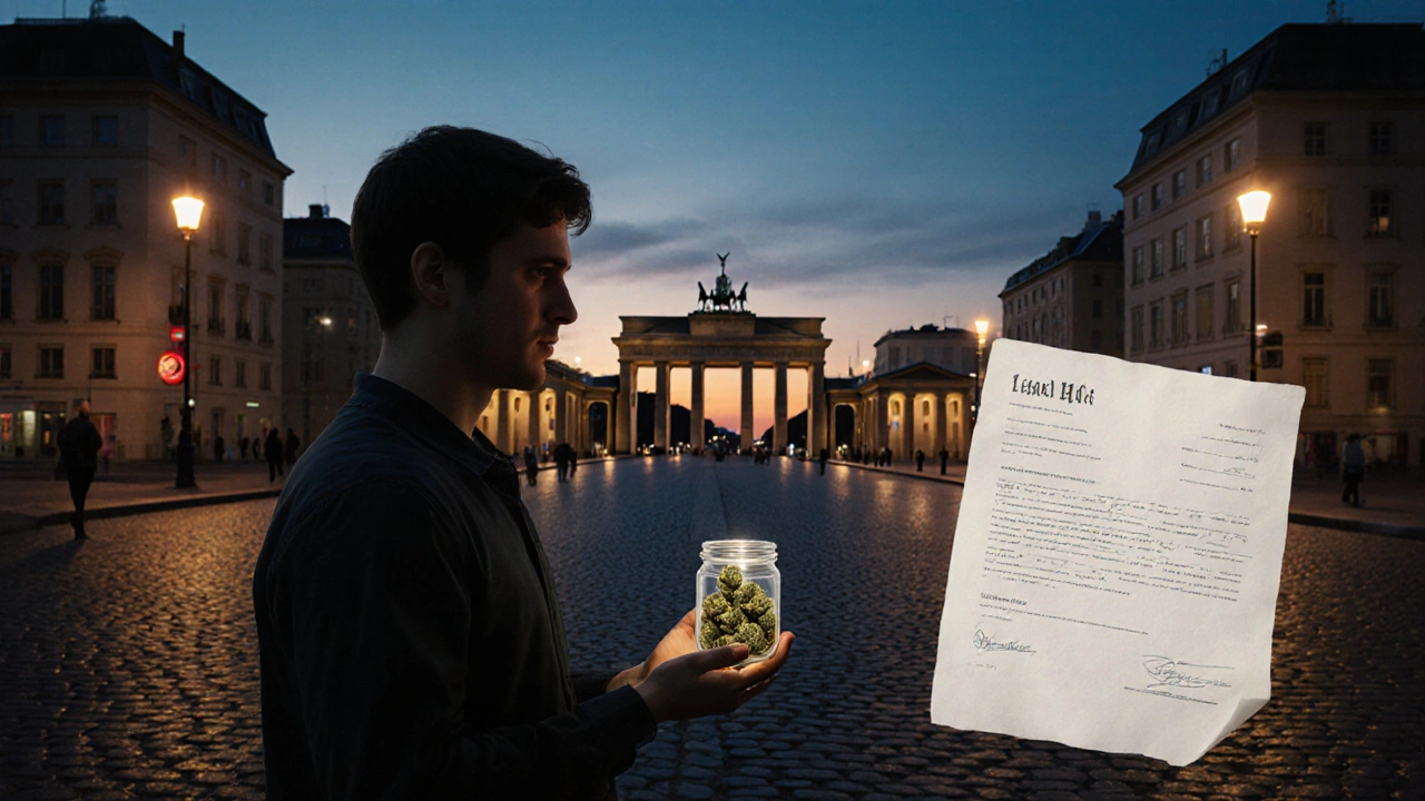 Person in Berliner Nacht, hält Glas mit HHC‑Blüten vor dem Brandenburger Tor.