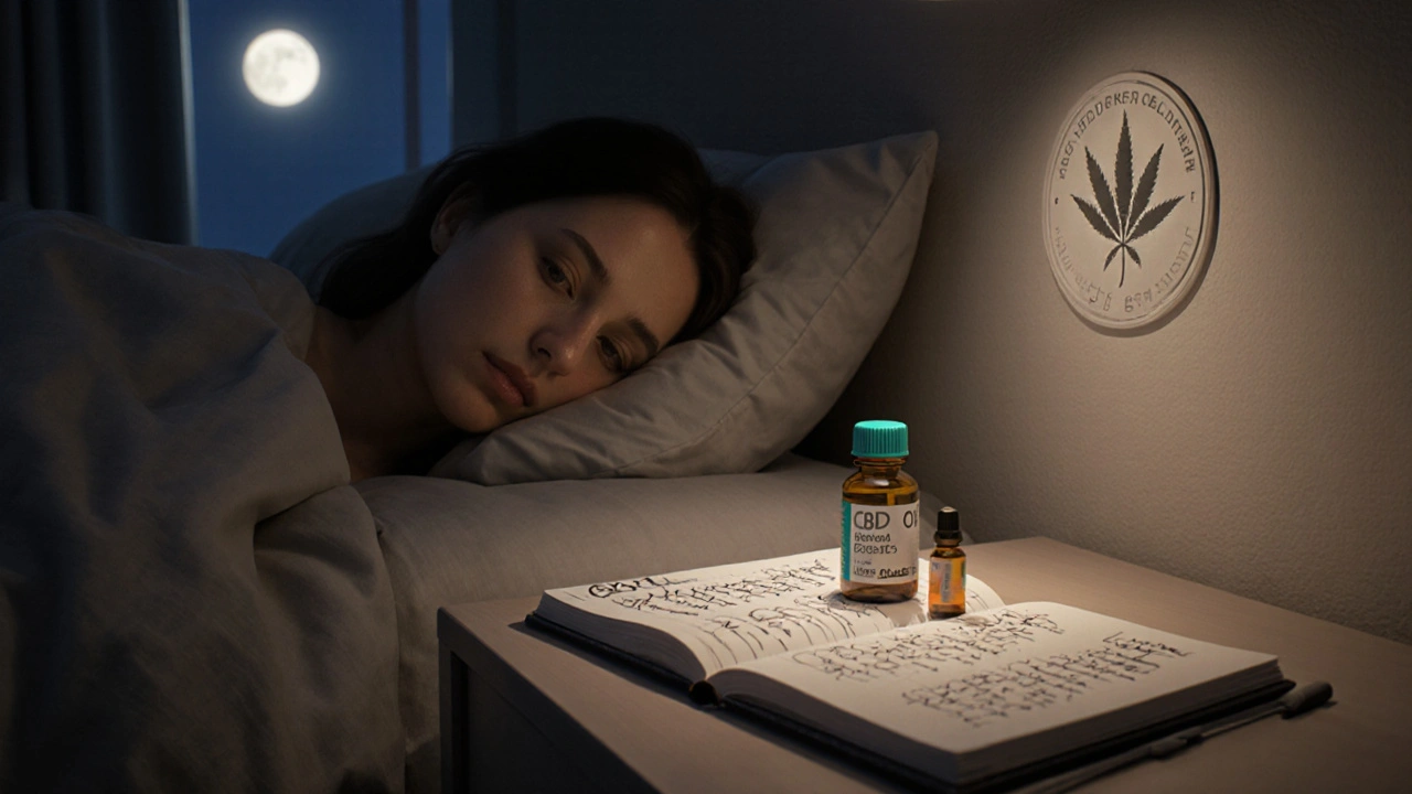 Schlafende Person im Bett, Tagebuch mit Dosierung, beruhigende Atmosphäre