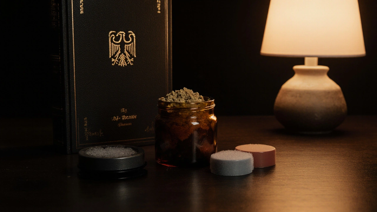 Stimmungsvolles Still‑Life mit luftdichtem Glasbehälter, Kühlschrankmagnet und rechtlichem Buch.