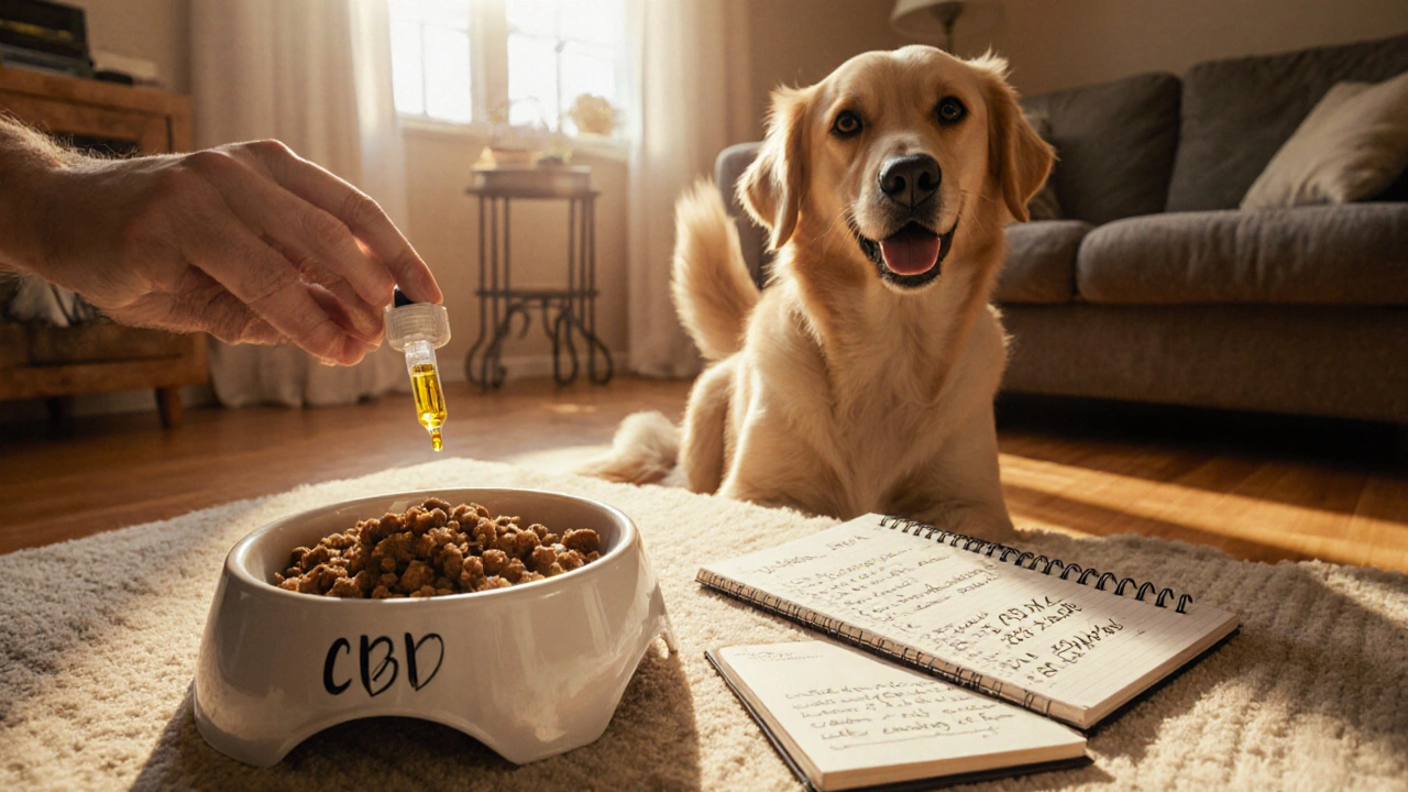Tierhalter gibt einem Hund CBD‑Öl ins Futter, während ein Dosierungs‑Notizbuch daneben liegt.