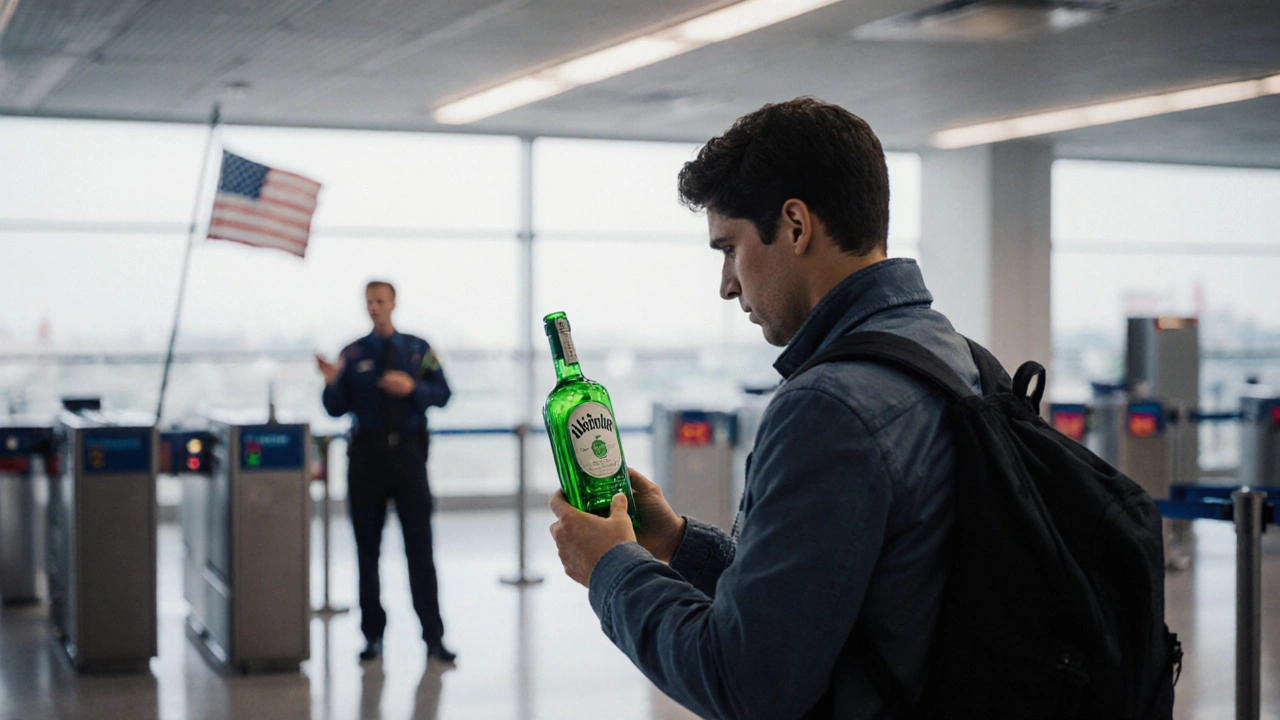 Traveler at airport customs inspecting a green absinthe bottle.