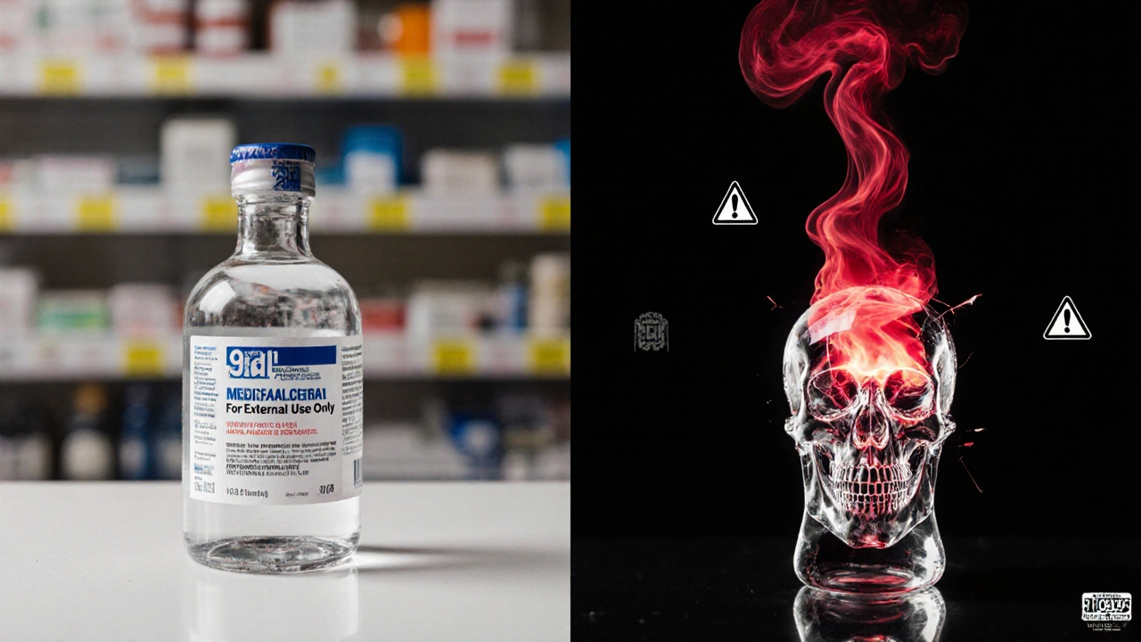 Vergleich: Apotheken-Reinalkohol links, zerbrochene Everclear-Flasche mit Schädel-Dampf rechts