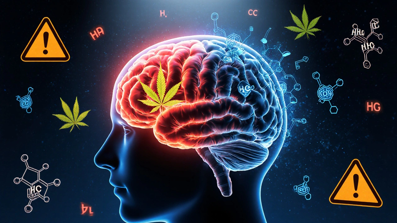 Vergleichende Darstellung eines Gehirns mit natürlichen THC- und synthetischen HHC-Molekülen an Rezeptoren.