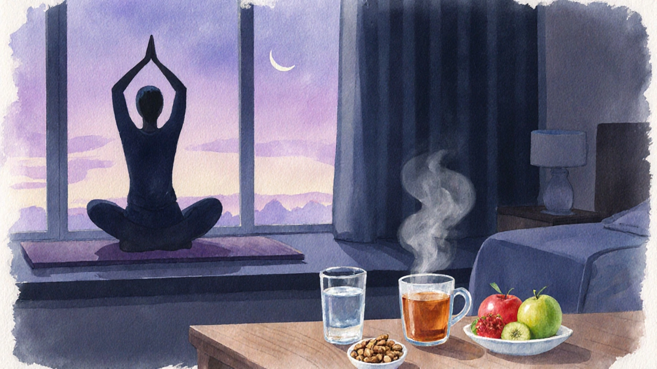 Wassermalerei eines entspannten Yoga‑Abends mit Tee, Wasser und Schlafumgebung.