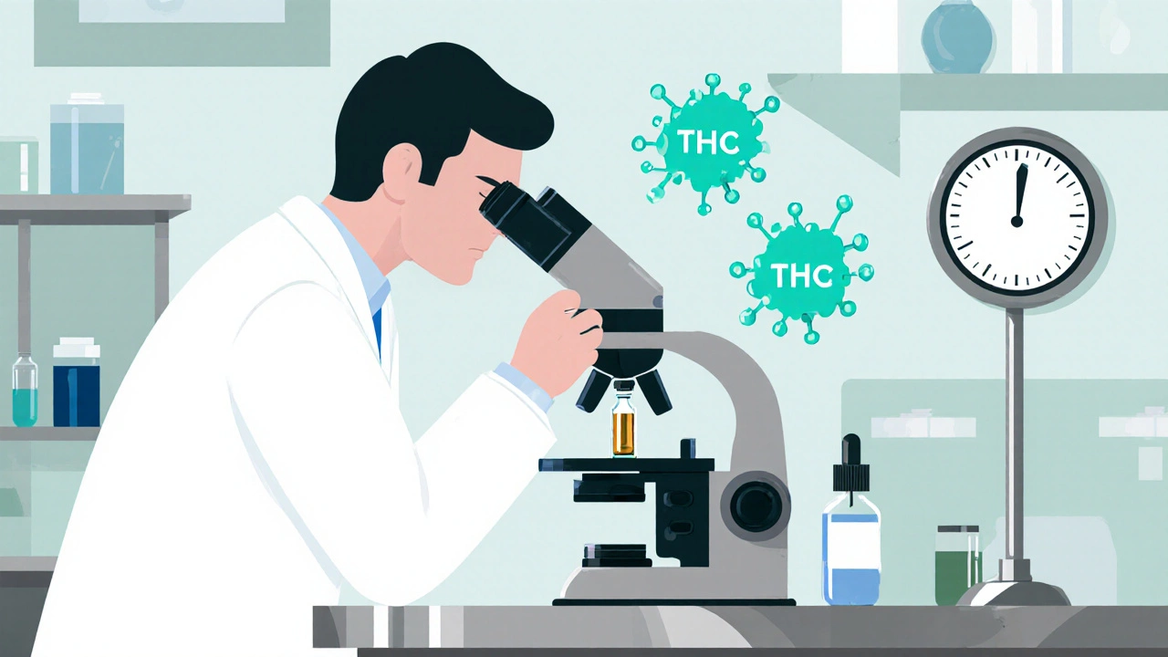 Wissenschaftler untersucht Vape‑Flüssigkeit im Labor, Moleküle schweben, Symbol für niedrigen THC‑Gehalt.