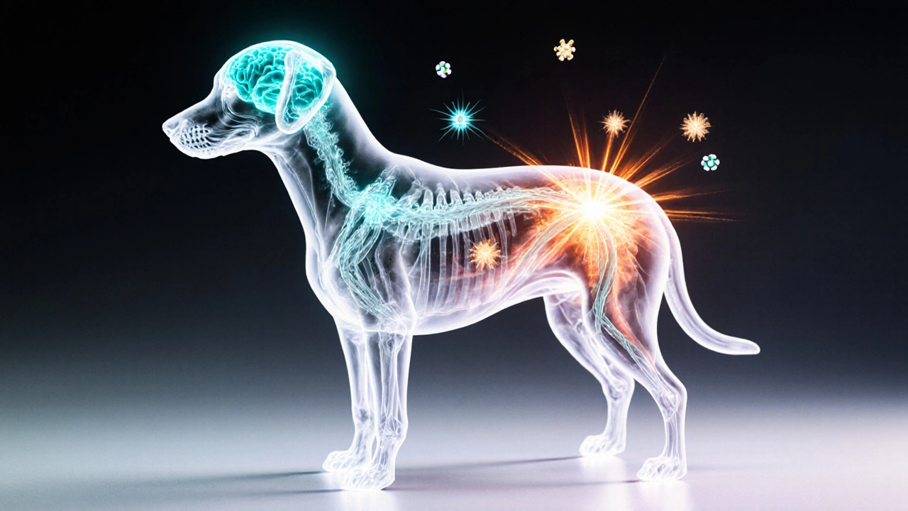 Wissenschaftliche Darstellung des Endocannabinoid‑Systems eines Hundes mit CBD‑Molekülen an CB1‑ und CB2‑Rezeptoren.