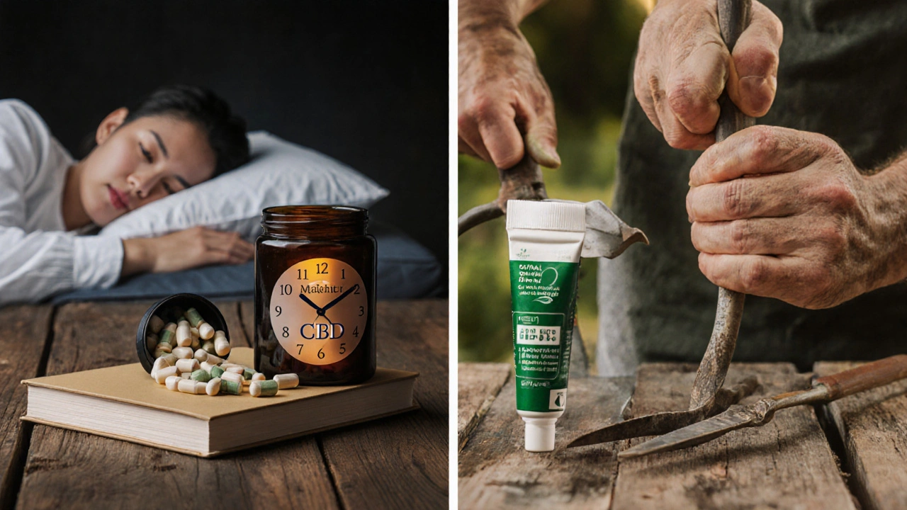 Zwei CBD-Produkte nebeneinander: Kapseln für innere Balance, Creme für lokale Linderung.