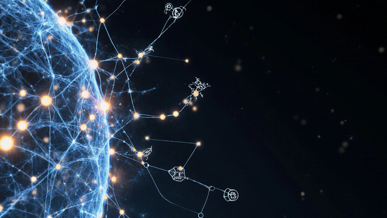 Abstrakte Darstellung des Endocannabinoid-Systems mit CBD-Molekülen, die auf Rezeptoren wirken.