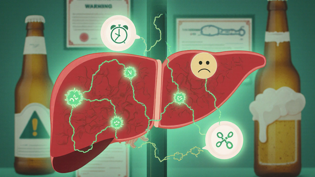 Abstrakte Darstellung einer Leber mit CBD-Molekülen und sanften Warnsymbolen, symbolisch für sicheren Konsum.