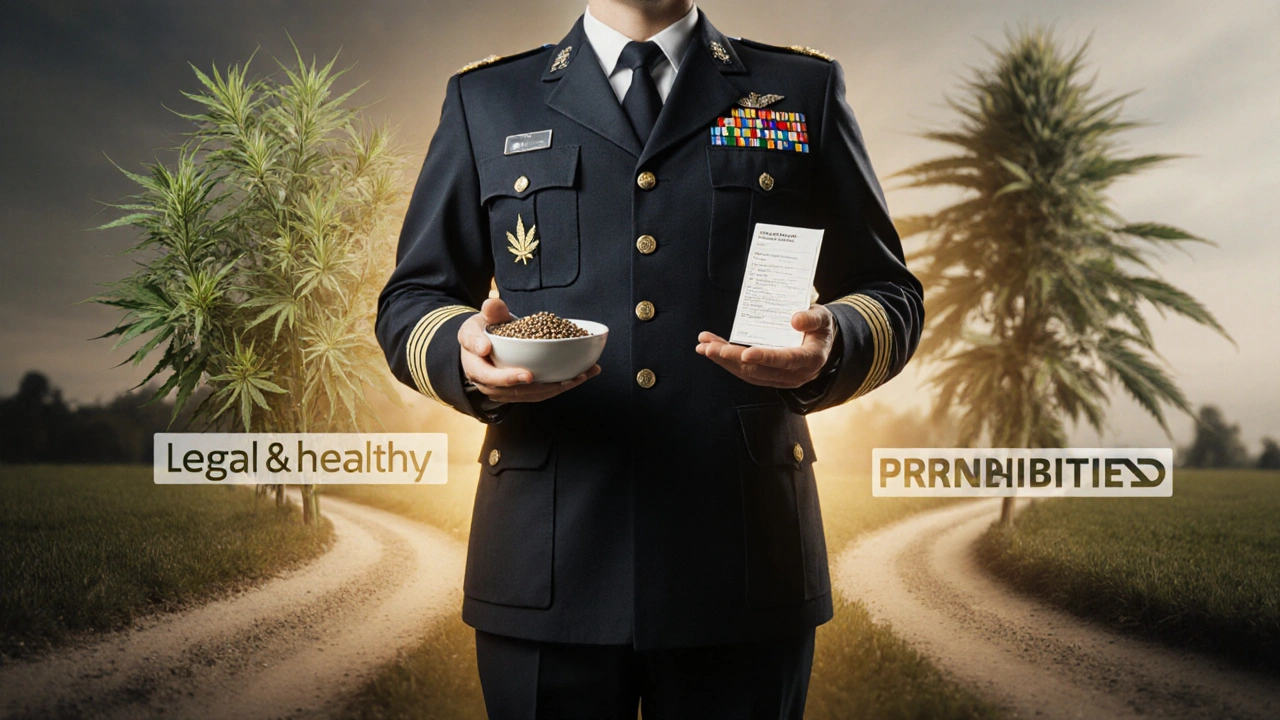 Bundesbeamter hält Hanfsamen und Testergebnis, symbolisch zwischen legalen und verbotenen Pflanzen.