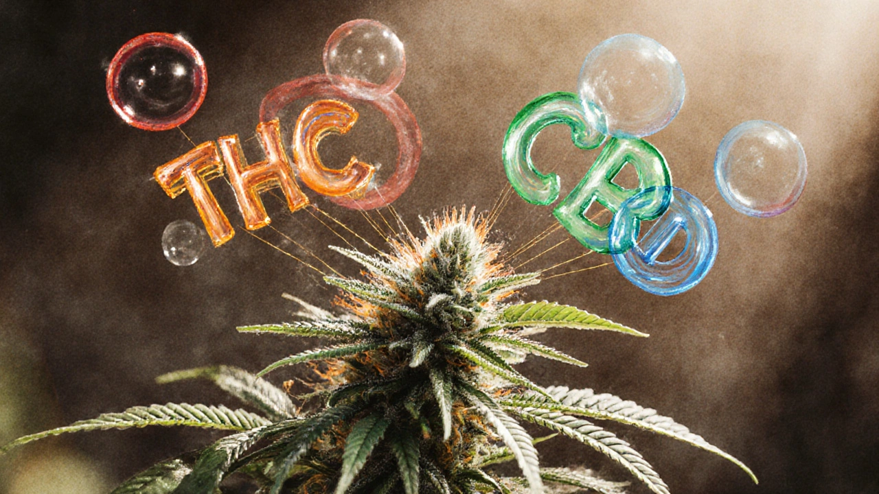 Cannabis-Pflanze mit schwebenden THC- und CBD-Molekülen, verbunden durch goldene Linien.