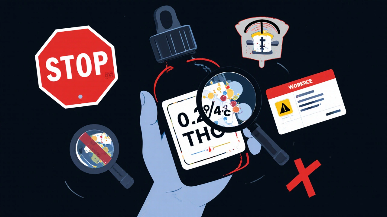 CBD-Flasche mit verborgenen THC- und H4CBD-Molekülen, umgeben von Warnsymbolen