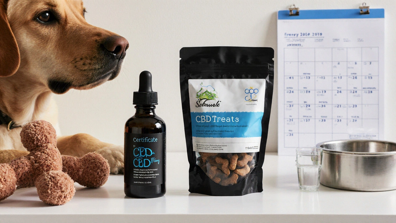 CBD-Produkte für Hunde mit Laborzertifikat und Zubehör auf einem Regal.