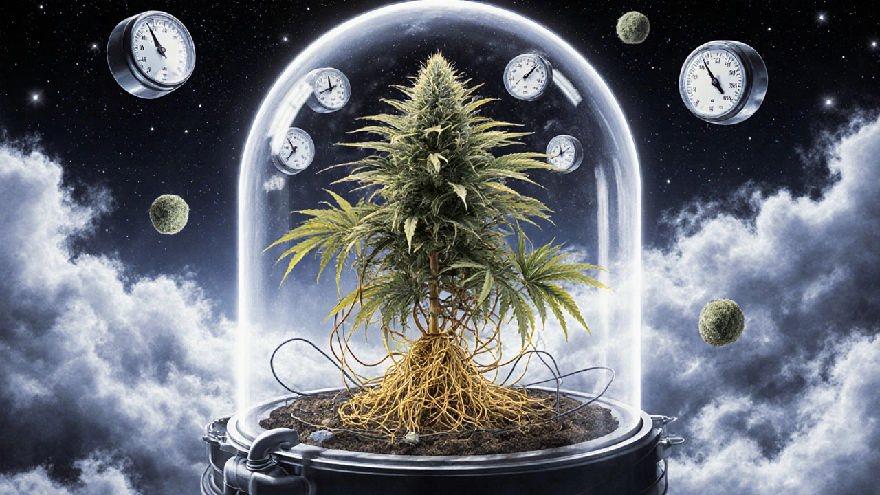 Colombian-Gold-Pflanze in einer Glasglocke mit schwebenden Klimamessgeräten und Sturm draußen.