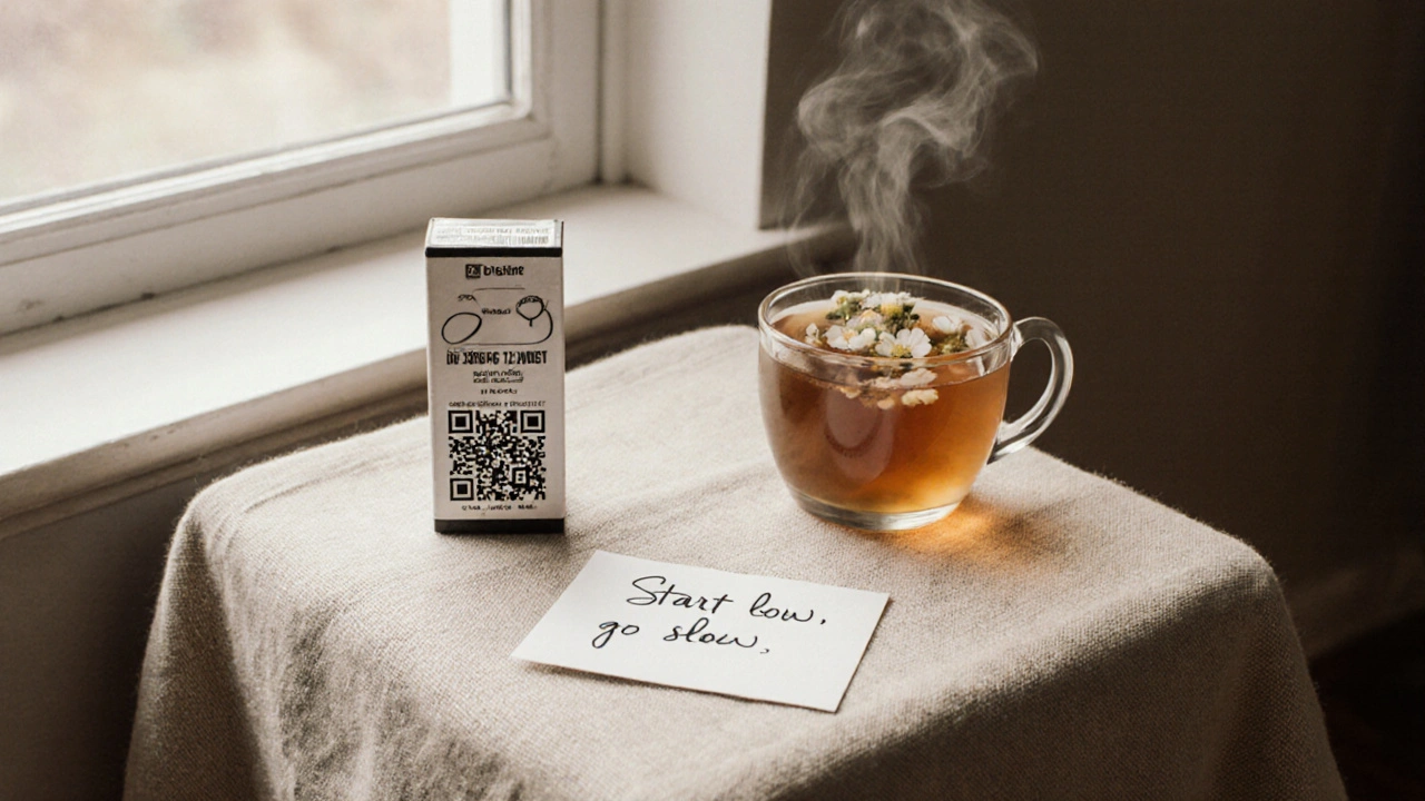 Delta-8-Cartusche, Kamillentee und handschriftliche Anweisung auf Holztisch