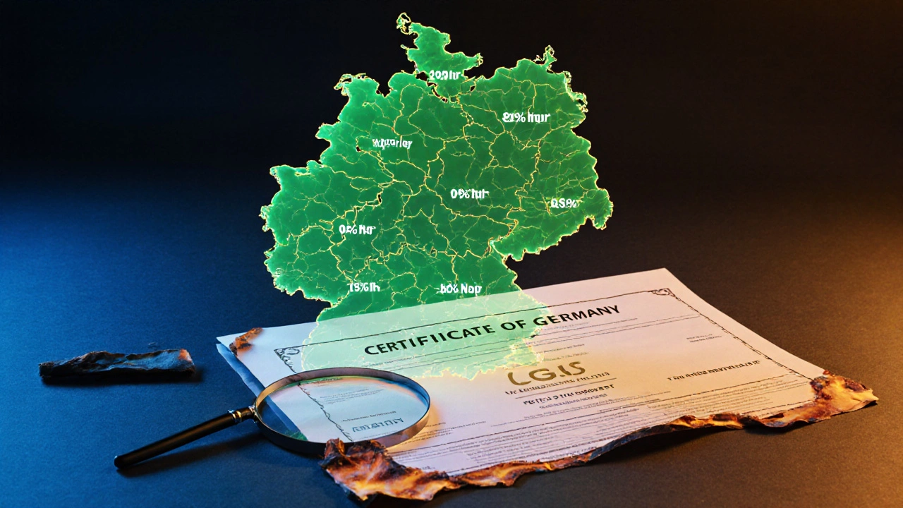 Deutschlandkarte mit gleichmäßig beleuchteten Bundesländern und einem Laborzertifikat über CBG-Reinheit