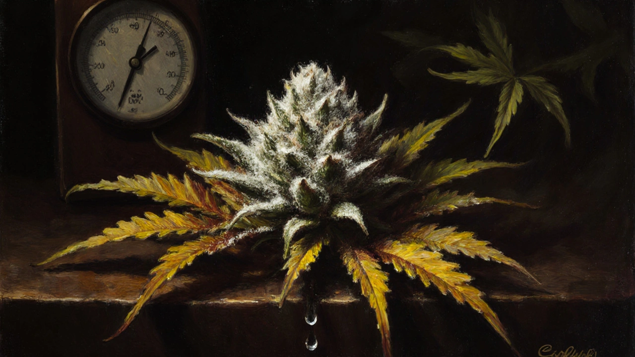 Dichte Thai-Stick-Blüte mit Mehltau und vergilbten Blattspitzen auf Holztisch.