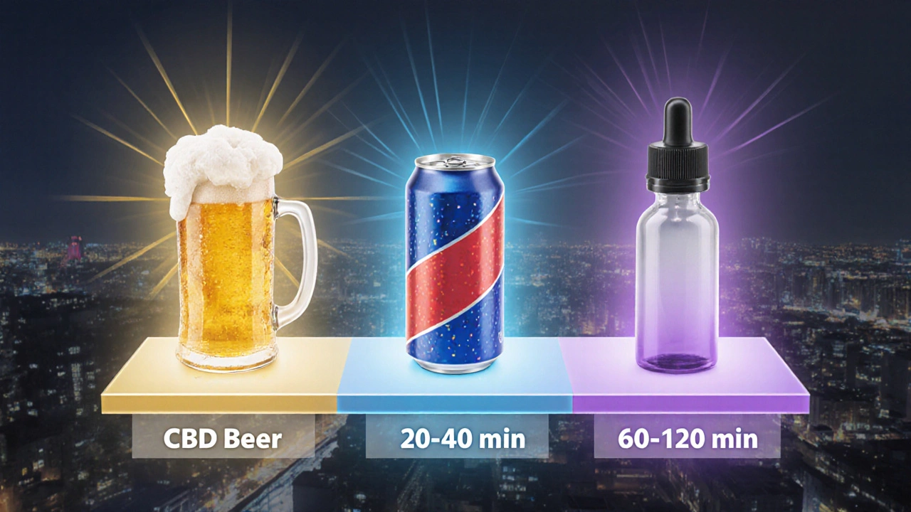 Drei CBD-Getränke in einer visuellen Darstellung mit farbigen Lichtstrahlen, die Aufnahmezeit und Wirkdauer zeigen.