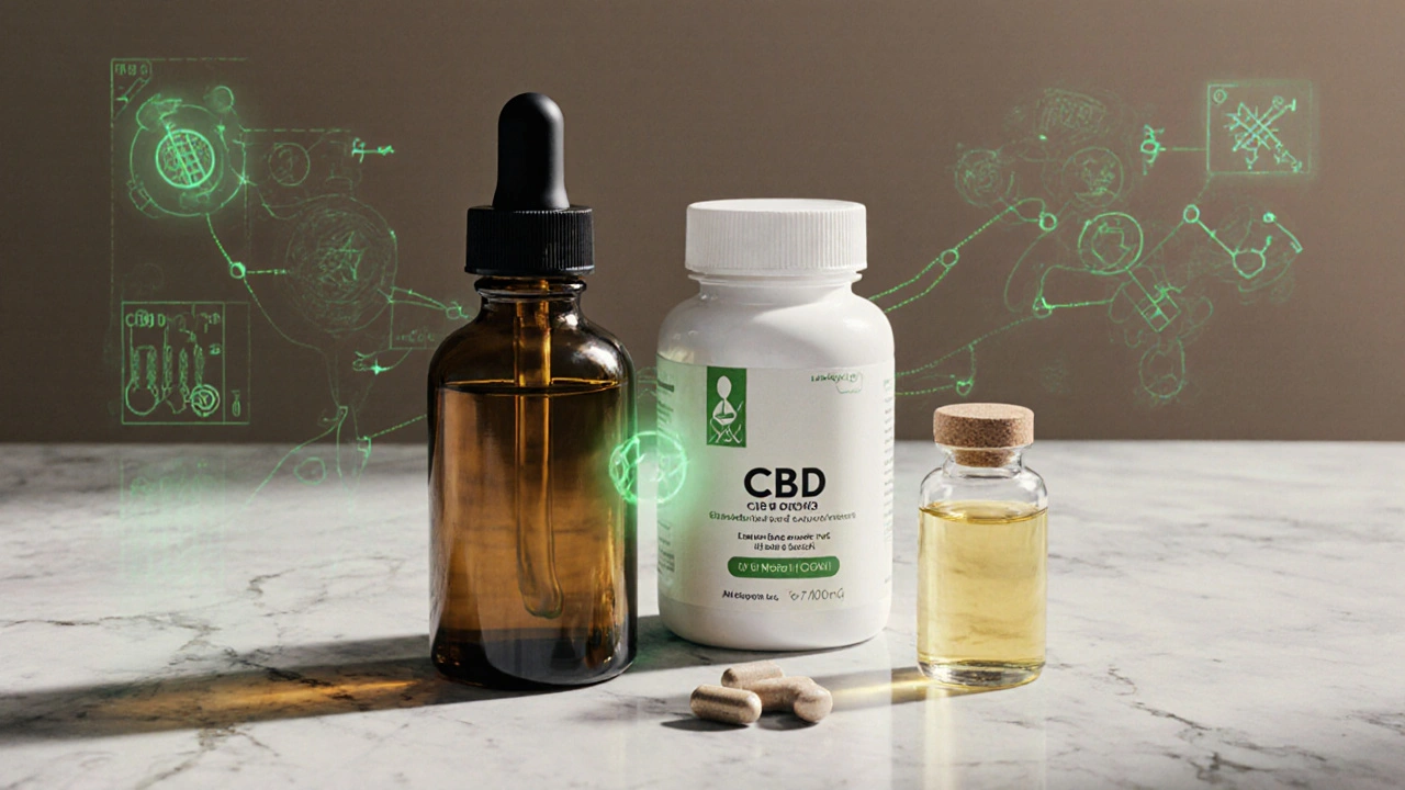 Drei CBD-Produkte – Öl, Kapseln, MCT-Öl – mit schematischer Aufnahme ins Blut.