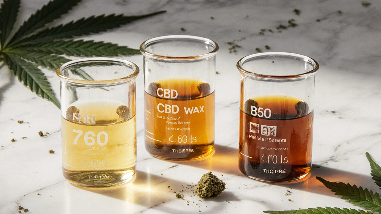 Drei Gläser mit CBD-Wachs in unterschiedlichen Konzentrationen, jeweils mit einem kleinen Krümel daneben.