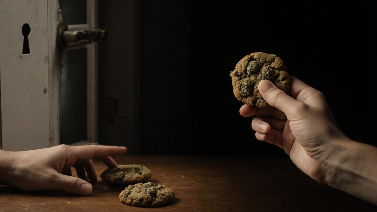Ein Cannabis-Cookie liegt unberührt neben einer Hand, die ihn isst — Symbol für die Notwendigkeit, ihn zu essen, um die Wirkung zu erzielen.