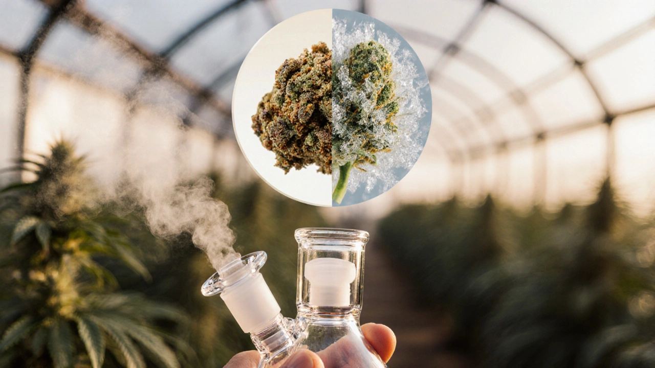 Ein Dab-Rig mit Dampf, darüber die doppelte Darstellung einer getrockneten und einer frischen Cannabispflanze.