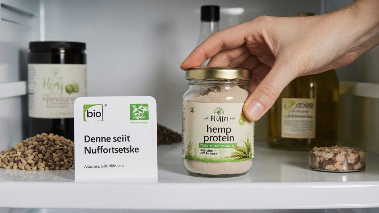 Ein Glas mit Hanfprotein im Kühlschrank neben anderen Hanfprodukten.