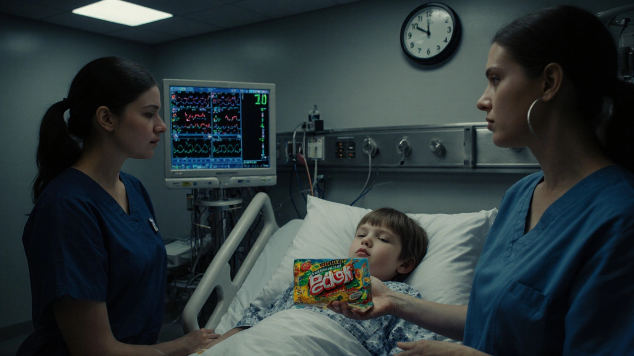 Ein Kind im Krankenhaus mit Überwachungsgeräten, während Eltern eine Verpackung halten.