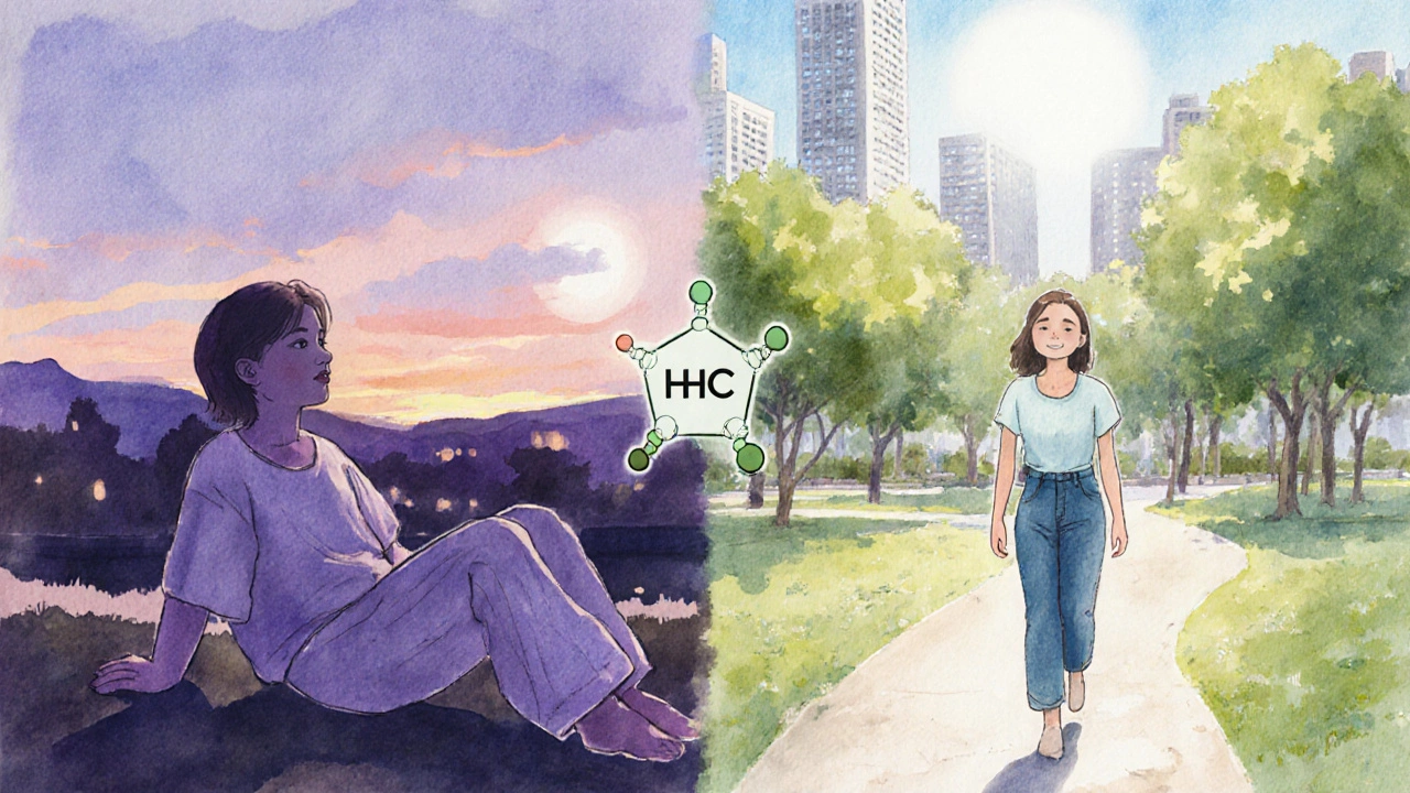 Ein Mensch entspannt bei Dämmerung (H4CBD) und lebhaft in der Stadt (HHC) – zwei Seiten einer Wirkung.