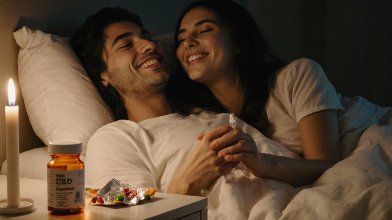 Ein Paar liegt entspannt nebeneinander, CBD-Gummibärchen liegen neben einer unberührten Viagra-Flasche.