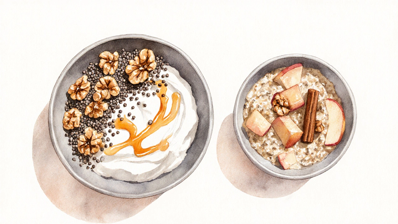 Ein veganes Frühstücksbowle mit Hanfprotein, Chiasamen und Walnüssen in Naturjoghurt.