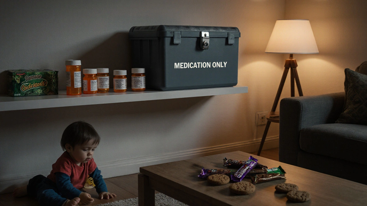 Eine kindersichere Aufbewahrungsbox mit Cannabis-Edibles auf einem hohen Regal.