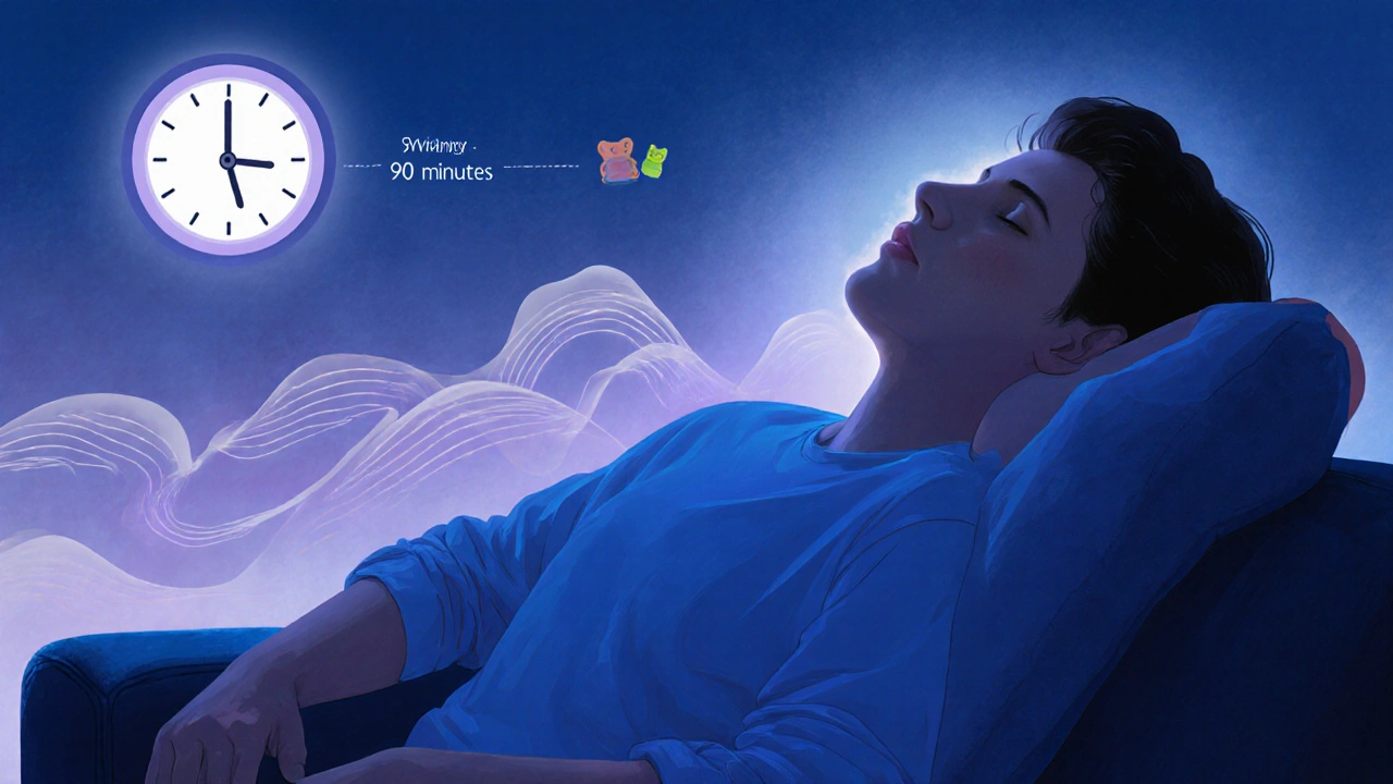 Eine Person entspannt abends auf der Couch, mit einem sanften Lichtschein, der innere Ruhe und das Wirkungseinsetzen von CBD symbolisiert.