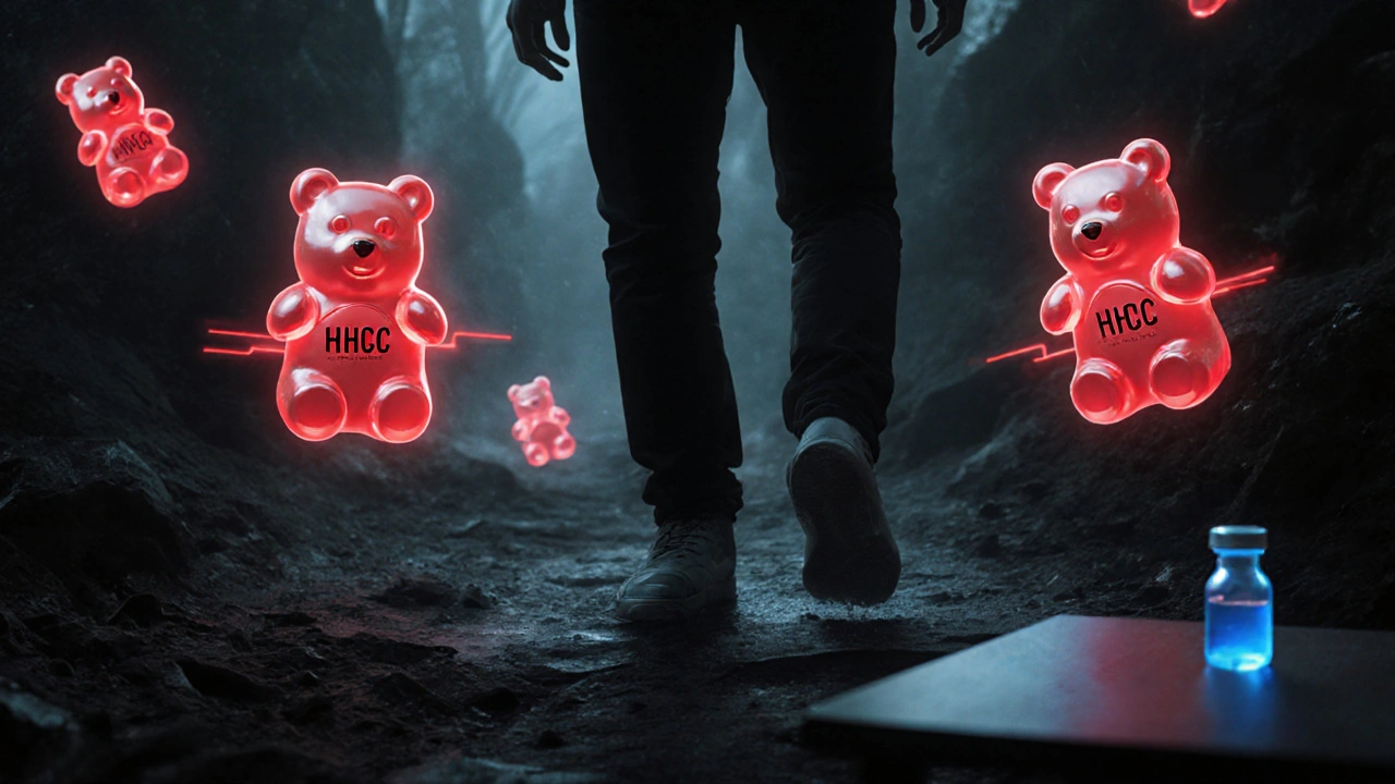 Eine Person erstarrt vor einem Pfad mit leuchtenden HHCP-Gummibärchen, während eine HHC-Flasche sicher auf einem Tisch liegt.