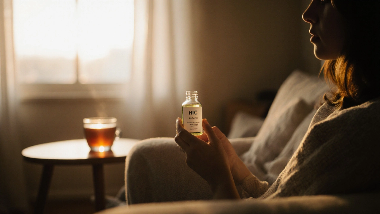 Eine Person mit einer HHC-Ölflasche in einem ruhigen, warm beleuchteten Raum.