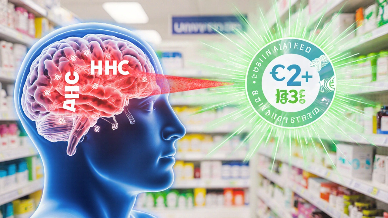 Gehirn-Darstellung mit unruhigen roten Signalen durch HHC und beruhigenden grünen Lichtern durch H4CBD, vergleichend dargestellt.