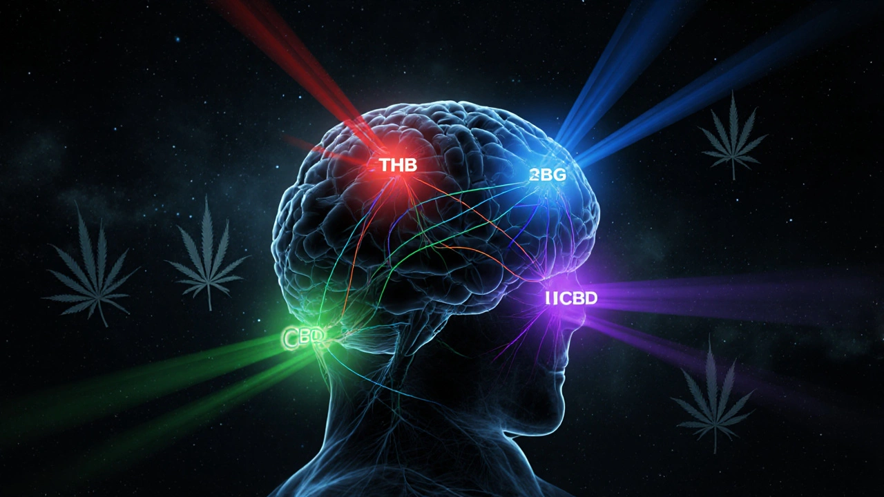 Gehirn mit farbigen Cannabinoid-Strömen, die auf Rezeptoren wirken