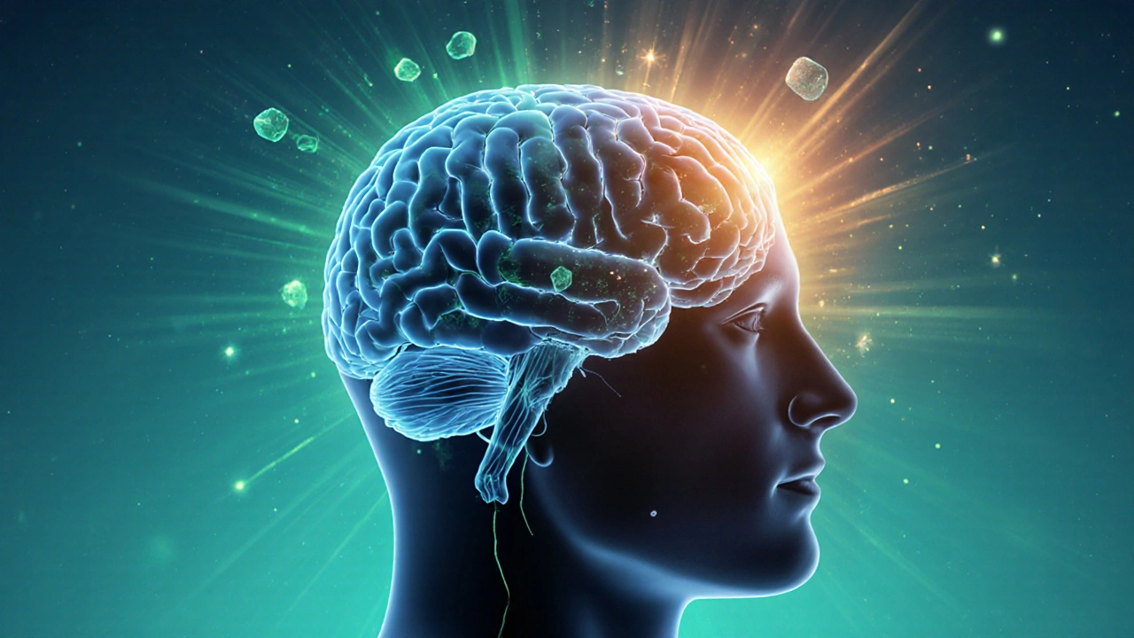 Gehirn mit sanft leuchtenden Wegen, die CBD und Delta-8-Wirkung zeigen