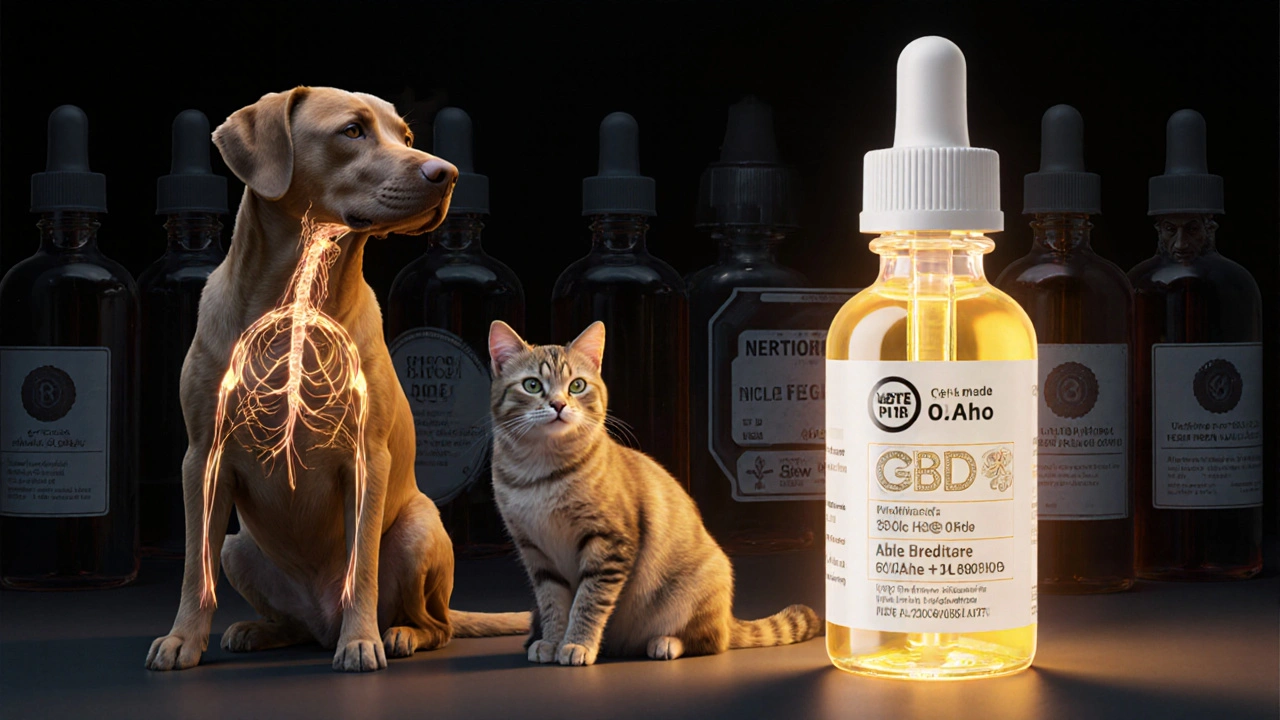 Glowendes Endocannabinoïd-System eines Hundes und einer Katze neben sicheren und unsicheren CBD-Produkten