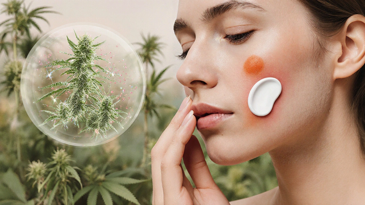 Hand, die CBG-Creme auf gereizte Haut aufträgt, mit schematischer Darstellung der beruhigenden Wirkung